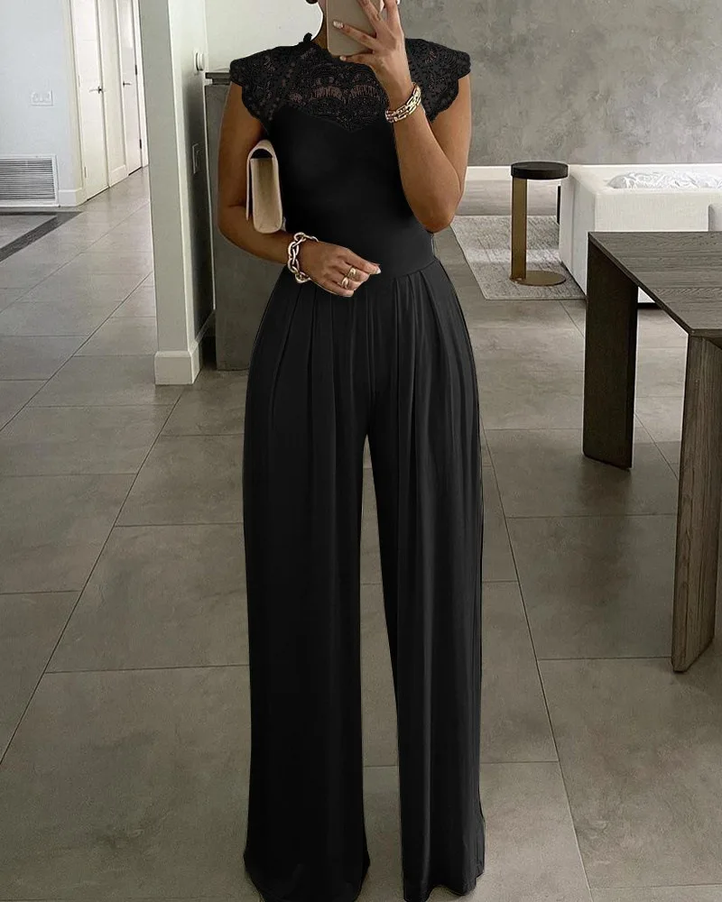 White Jumpsuit Women Spring 2023 Fashion Office Lady Jumpsuit Lace Collar Crew Neck Solid Color Jumpsuits