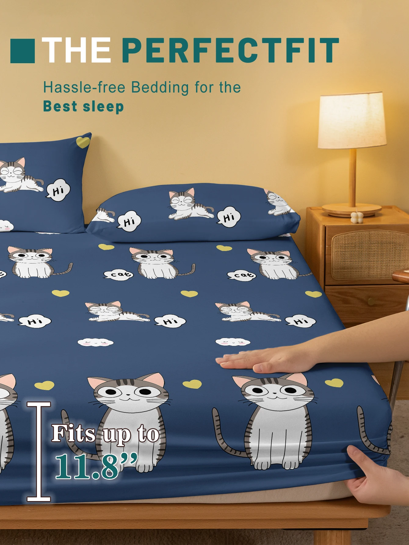 1 Cartoon Cute animal Cat Printed Matte Fitted Sheet, Bedroom Printed Bed Cover, Bedding (Excluding Pillowcases) 3