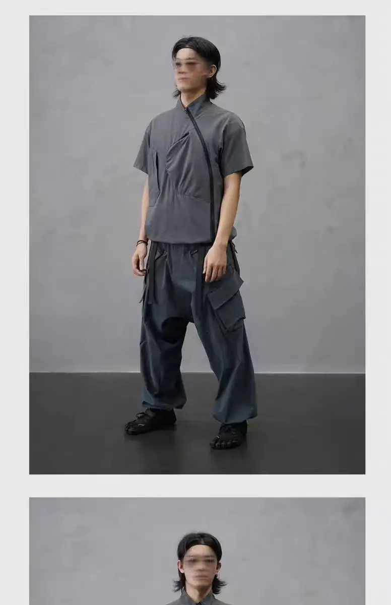 Nosucism 24ss Incline zipper Gray short sleeve shirt textured sorona fabric centered chest pocket irregular collar techwear