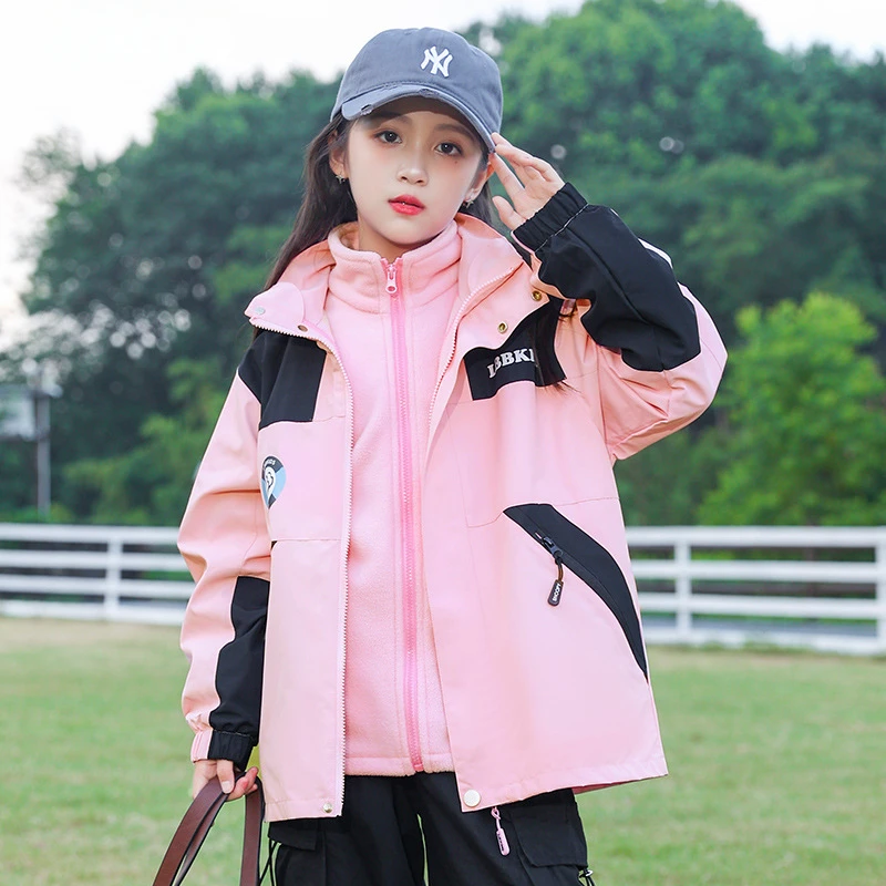 Fashion Children's Hiking Jacket Set Windproof Waterproof Hooded Outdoor Jacket Removable Padded Warm Lining 2pcs Camping Coat