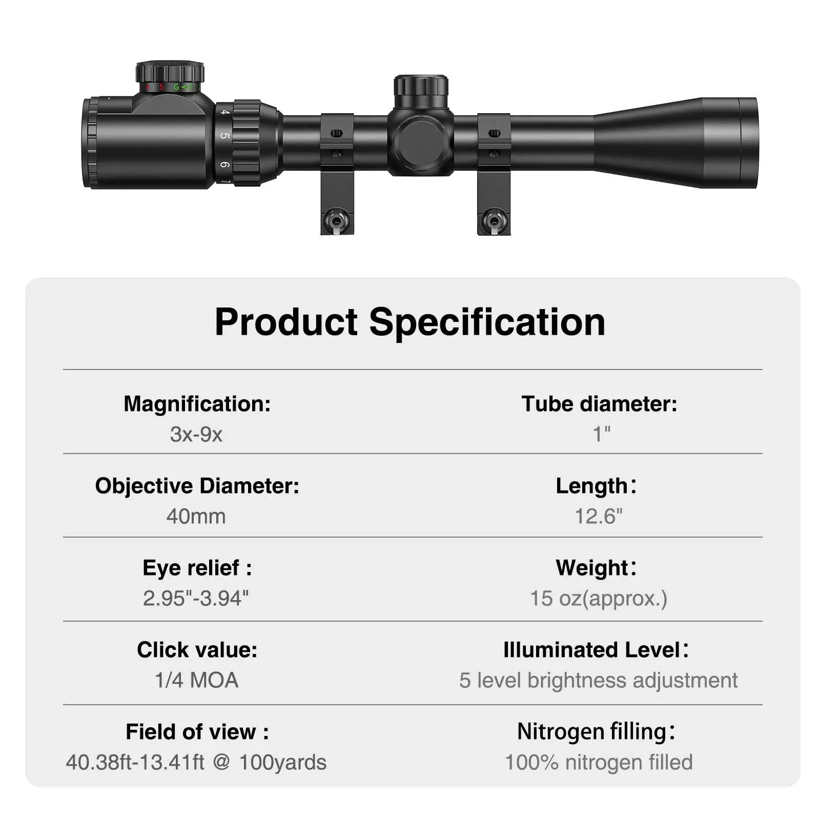 MidTen Riflescope 3-9x40 Rifle Sniper Scope Red or Green Illuminated Optical with Mounts Mil dot Fit First Focal Plane Crosshair rifle scope