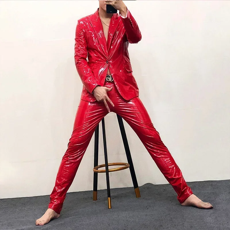 Men's Glossy Patent Leather Suits Jacket Party Chic PVC Lapel Suit Coats Male Punk Rock PU Jacket Business Suits Top New