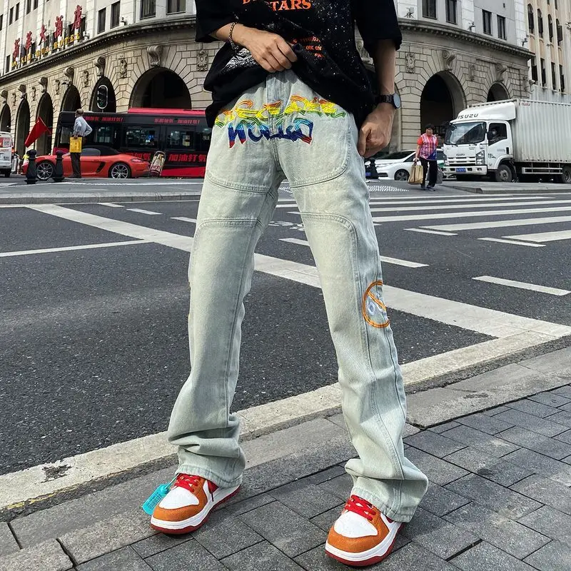 

High Street Rainbow Embroidered Letter Jeans Men's Retro Pants Distressed Washed Trousers Y2k Clothing High Quality Baggy Jeans.