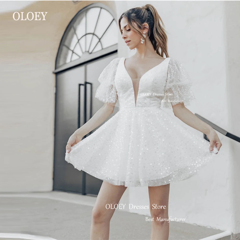

OLOEY Glitter Sparkly Short Wedding Dresses With Detachable Short Puff Sleeves V Neck Mini Bridal Gown Prom Dress Backless