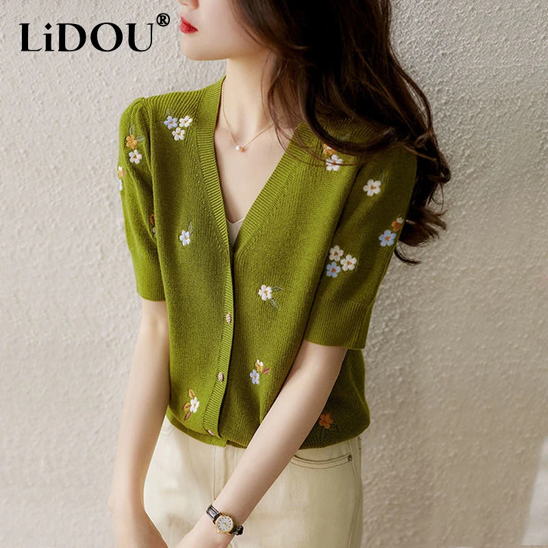 

Summer New Green V-neck Short Sleeve Knitting T-Shirts Women Fashion Vintage Embroidered Breathable Single Breasted Cardigan