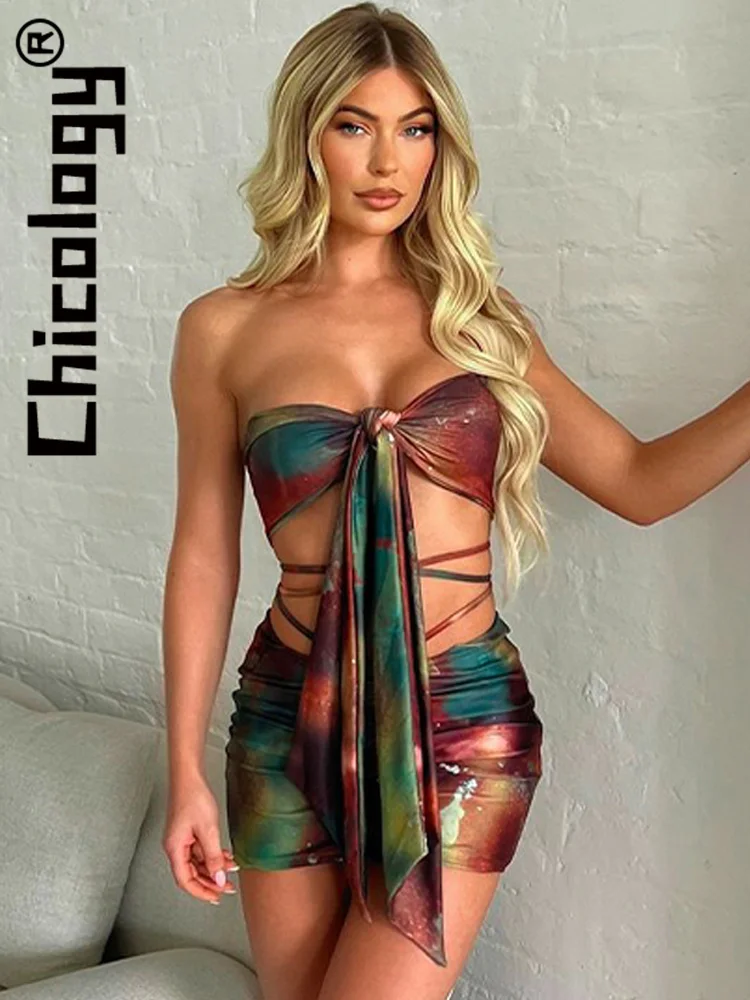 

Chicology Strapless Printed Lace-Up Slim Mini Dress Summer Vacation Outfit Party Nightclub Y2K 2023 Women Clothes For Wholesale