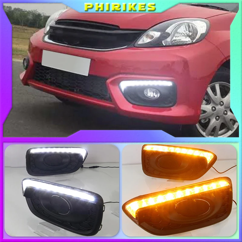 

1Pair DRL Car 12V LED Daytime Running Light Fog Lamp cover daylight For Honda Brio 2016 2017 ABS with Yellow turn signal