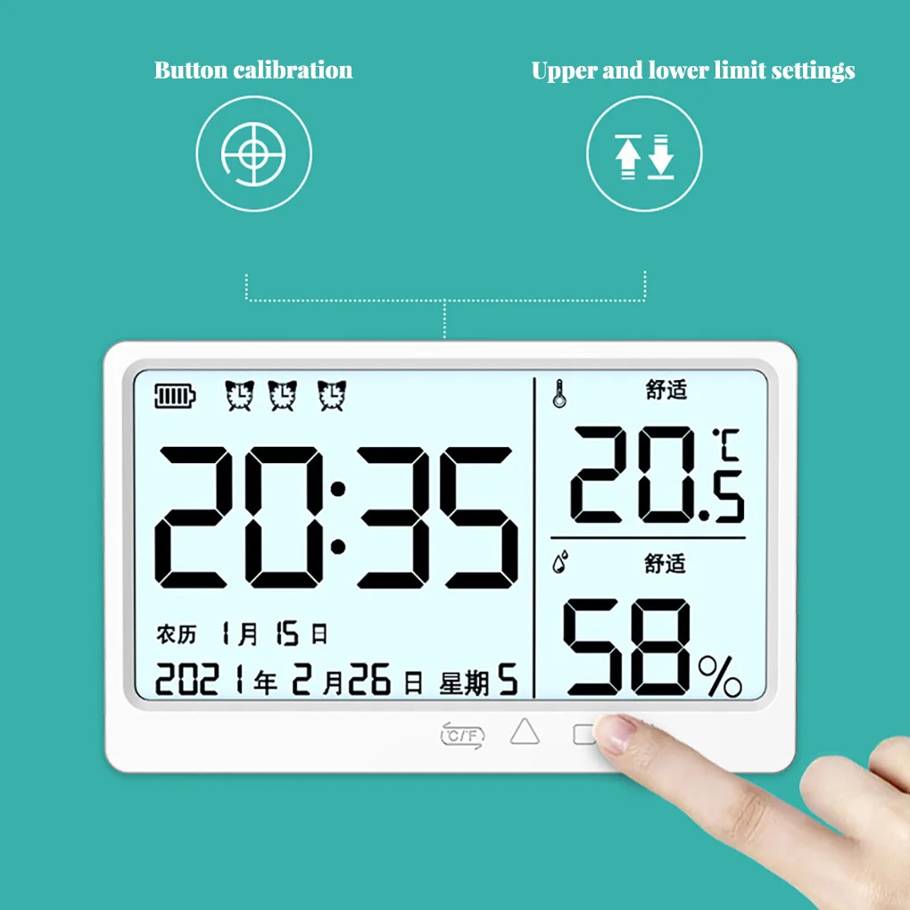 

USB LCD Room Thermometer Humidity Sensitive Meter Baby Nursery Temperature Gauge Time Alarm Clock Household Greenhouse