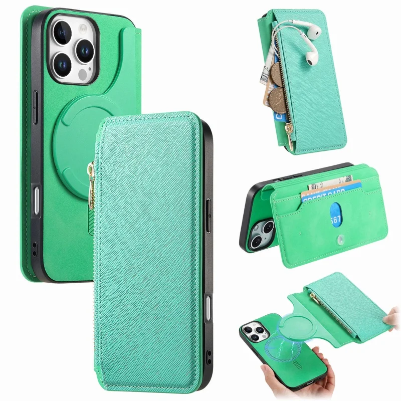Magnetic Leather Wallet Phone Case with Zipper Card Holder