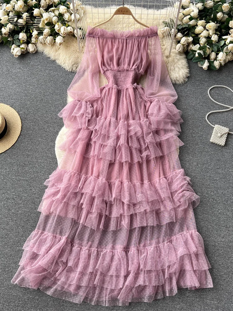 パーティードレス GANISONG Summer shirring romantic dress mint SINGREINY Mesh Party Long Dress Women Ruffle Long Sleeve