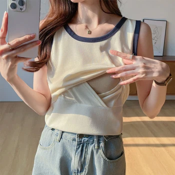 Summer Postpartum Women's Breastfeeding T-shirt Sleeveless Round Neck Maternity Nursing Tees Maternity Lactation Tops and Tees