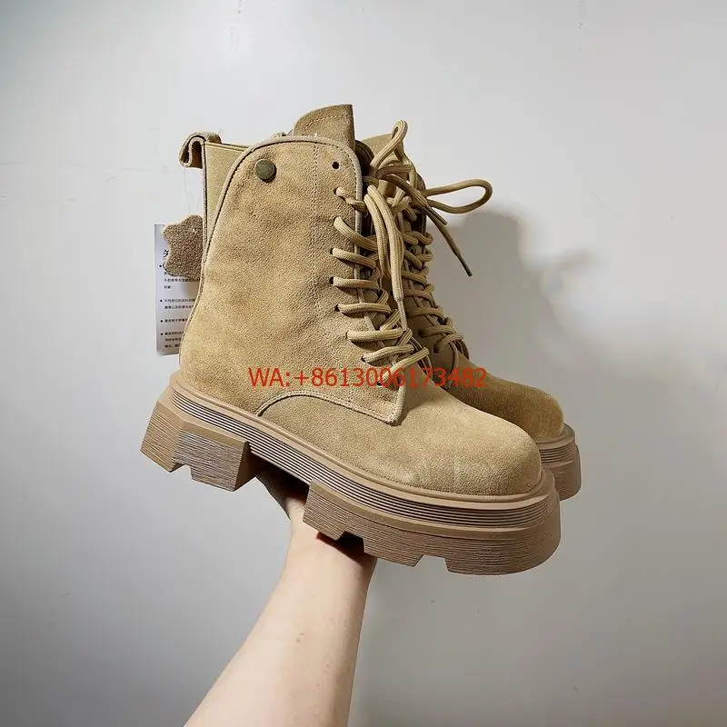 

Frosted Cowhide Lace-Up Women Platform Sole Ankle Boots Design Lady Lace-Up Thick-Soled Side Zipper Lace Up Platform Ankle Boots