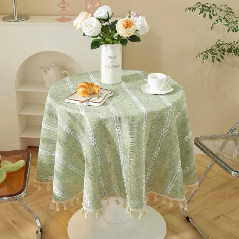 

Круглая настольная ткань из хлопка и льна в американскую зеленую полоску, ткань для кофейного столика, украшение для стола, комнатный декор в эстетике