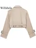 Willshela Women Fashion With Belt Cropped Trench Jacket Vintage Notched Neck Long Sleeve Female Chic Lady Coat Outfits 3