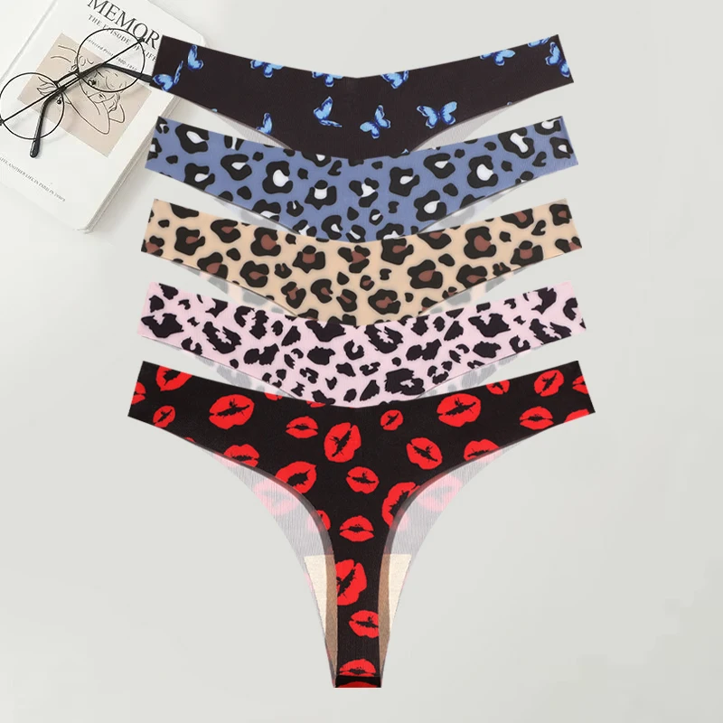 5Pcs Leopard Print Thongs Women's Ultra-thin Underwear Sexy Seamless Panties Stretch Breathable G-String Girls Soft Lingerie New