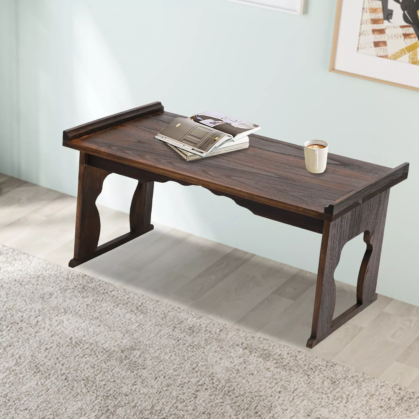 32*18inch Folding Floor Table Rectangular Coffee Table Foldable Japanese-Style Tea Low Table Antique Wooden Altar Desk 2