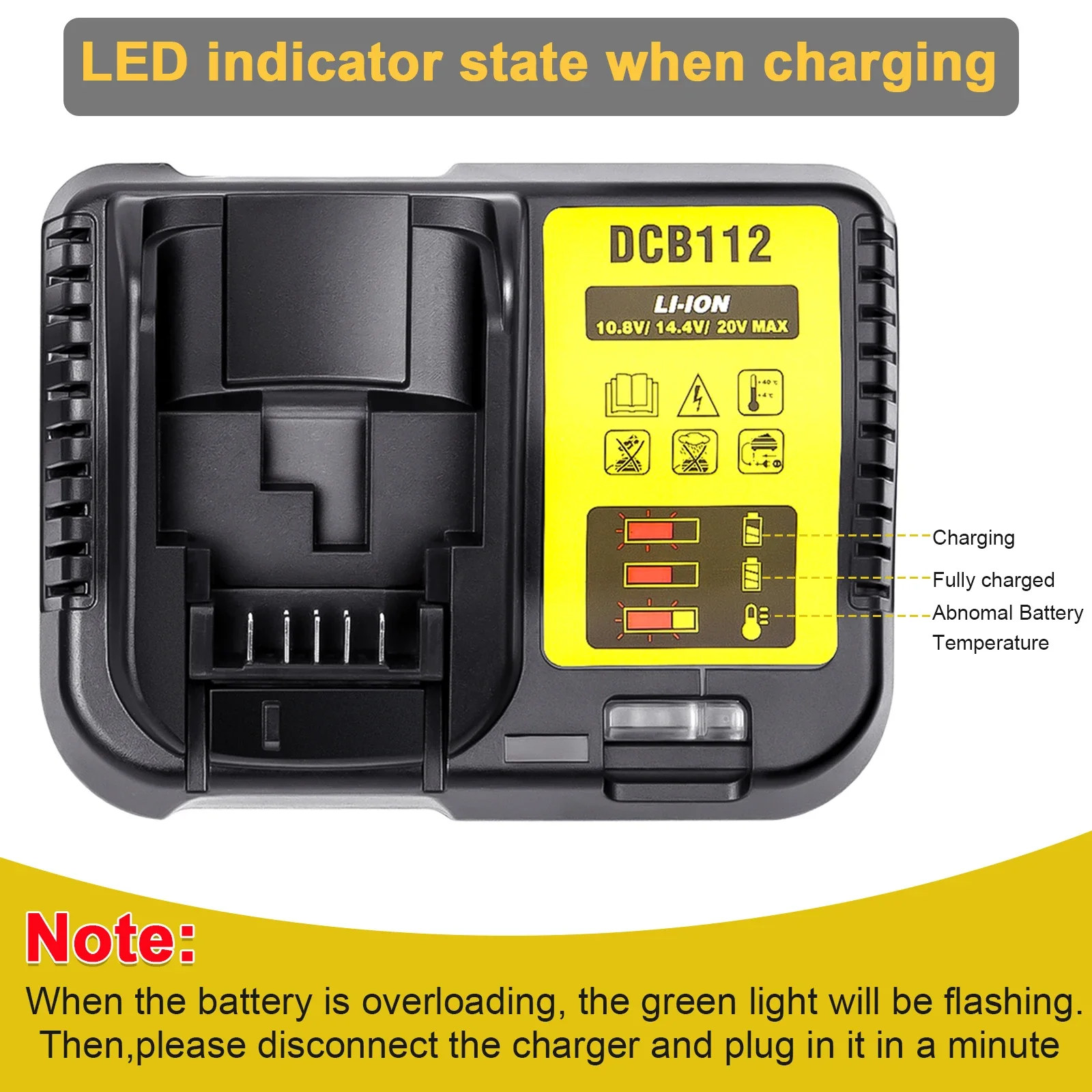 Cargador de batería de litio DCB112 2A para Dewalt 10,8-20V, cargador de batería de iones de litio, DCB206, DCB205, DCB204, DCB203, DCB120, DCB107, DCB115