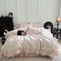 Pink Luxury Princess Wedding Lace Ruffles 100% Cotton Bedding Set Duvet Cover Bed Sheet/Bed Skirt/Fitted Sheet Pillowcases 4Pcs
