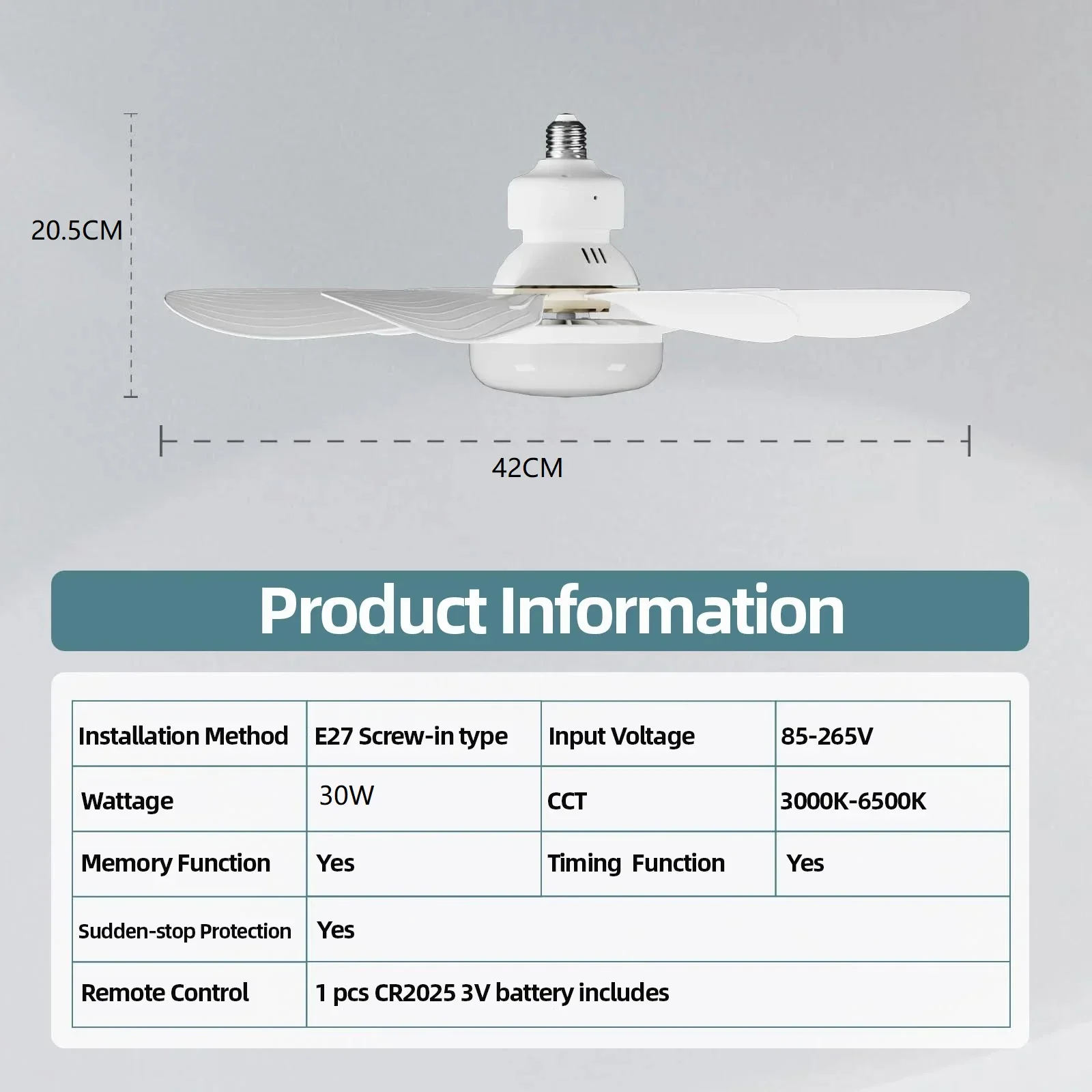 30W ceiling fan light E27 with remote dimming function LED fan light suitable for living room, study, and home use 85-265V