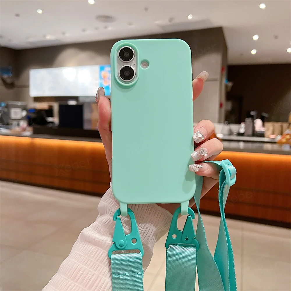 Étui de téléphone en silicone mat avec lanière large et collier bandoulière pour iPhone 16 15 14 Pro Max 13 12 11 XR XS MAX Housse mate antichoc_voghion.com