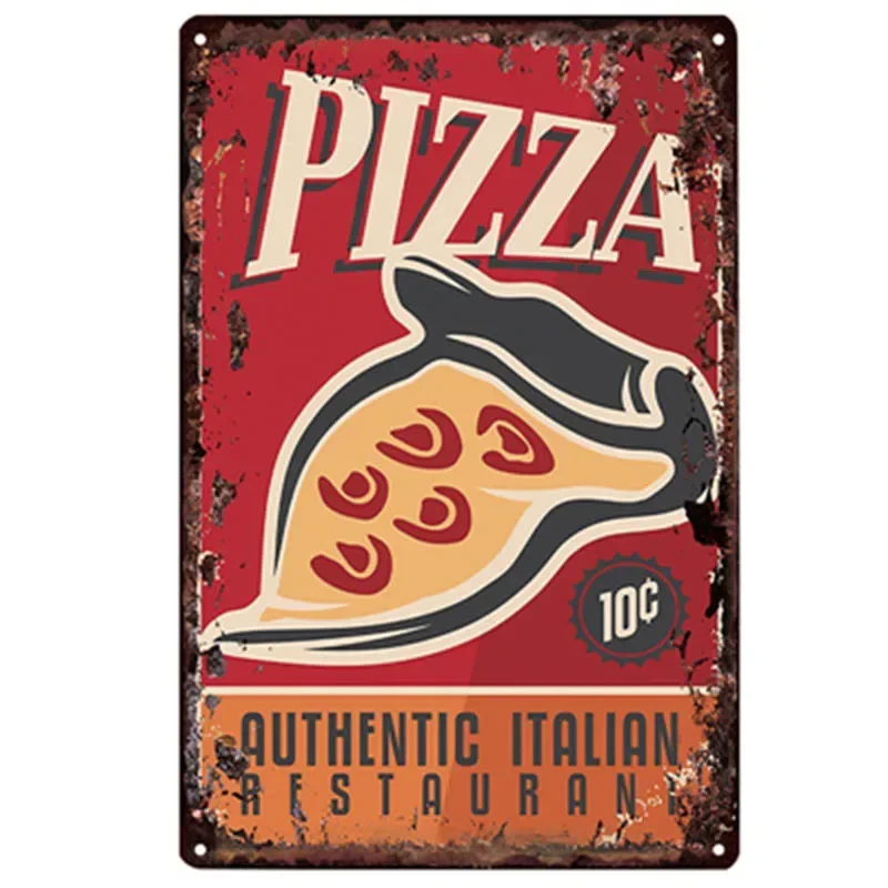 Vintage Tin Pizza Sign - Retro Metal Wall Art for Dining Room or Restaurant Decor