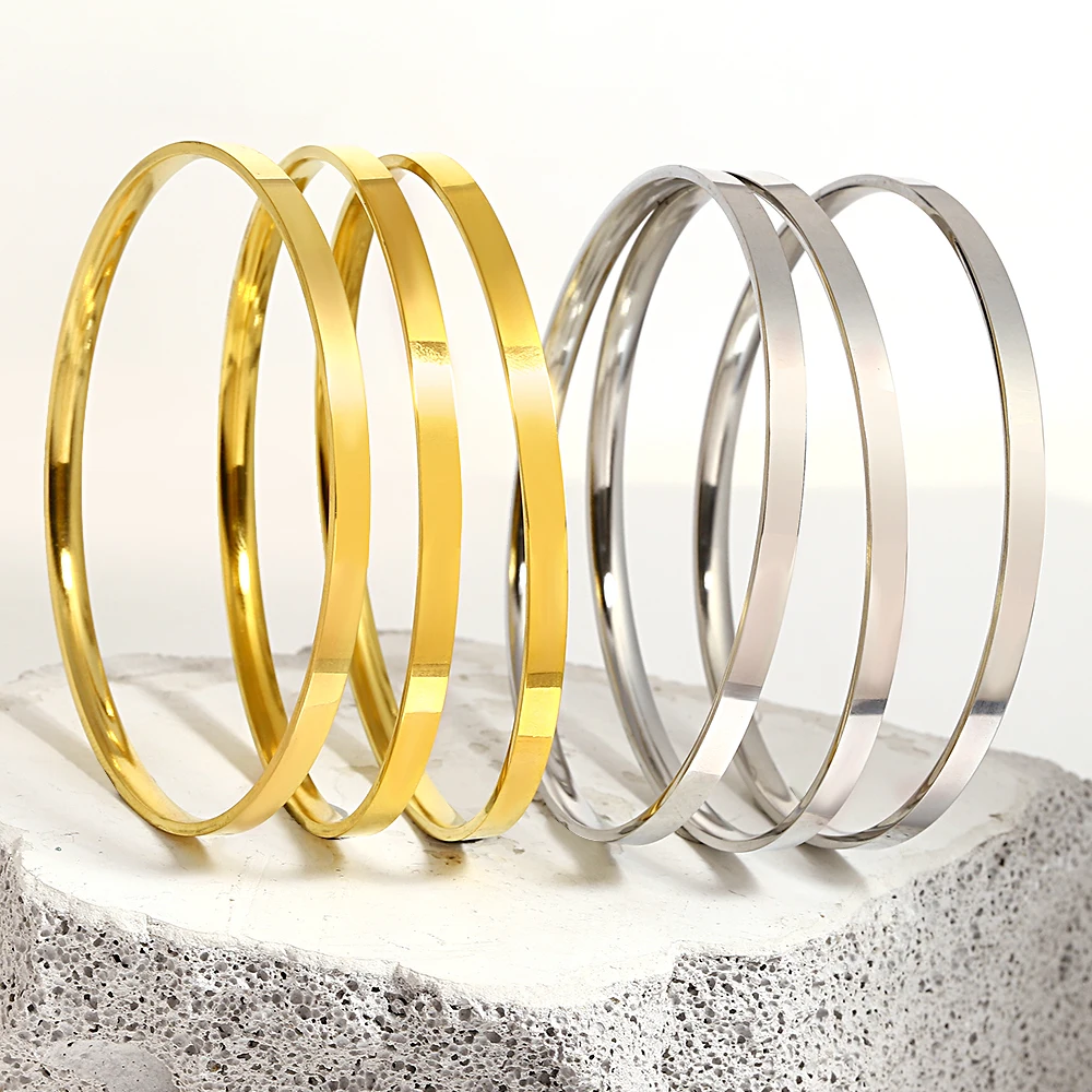 Freetry 3pcs Glossy Stainless Steel Bangles Bracelets for Women Simple Gold Plated Metal Bracelet Minimalist Statement Jewelry 3