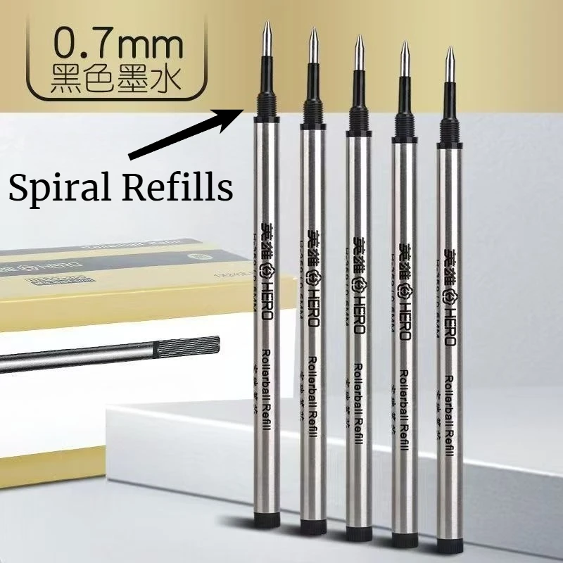 히어로 교체용 젤 펜 리필 블랙 0.5/0.7mm 학생용 학교용 롤러볼 펜 유니버설 스트레이트 플러그/스파이럴 패턴 블랙