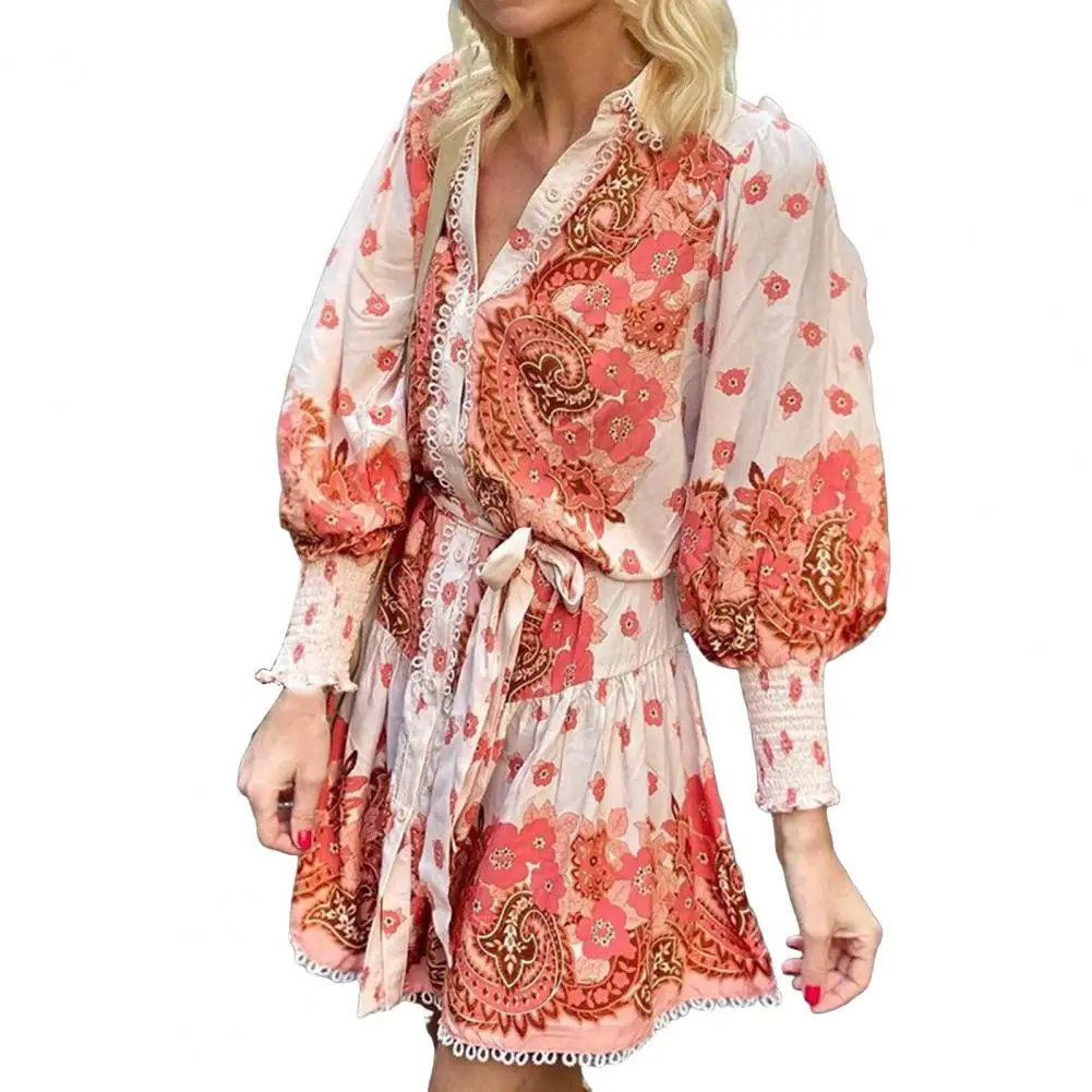 

Elegant Women Printed Dress Floral Print V Neck Mini Dress with Lace-up Detail A-line Silhouette Fall Spring