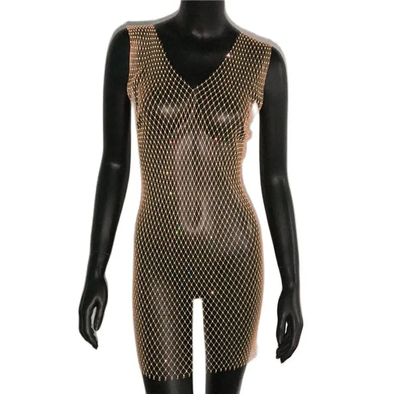 Wisafory Abito da donna a rete con strass, sexy, in rete trasparente, senza maniche, con strass, da spiaggia, con scollo rotondo, costume da bagno, copertura bianca, 135 cm