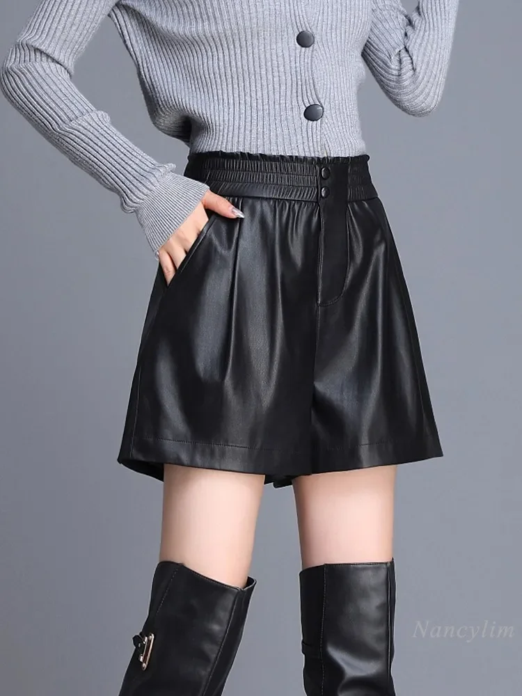 Grey Leather Shorts Womans 2023 Autumn Winter New Genuine Leather Elastic Waist Wide Legs Sheepskin Outerwear Bootcut Shorts