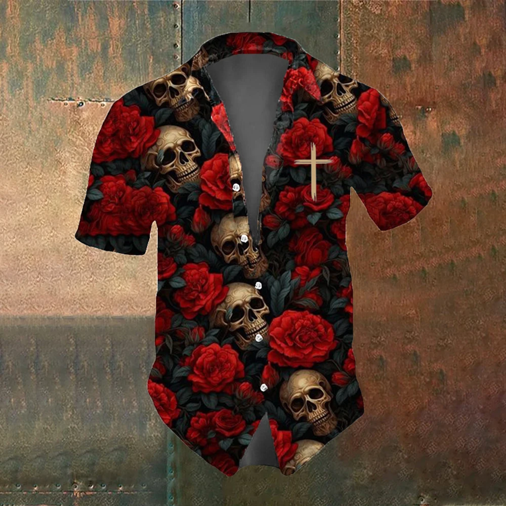 Skull Summer Men's Short Sleeve Shirt Street Fashion Tops Rose Skull Pattern Men's Casual Oversized Shirt 5