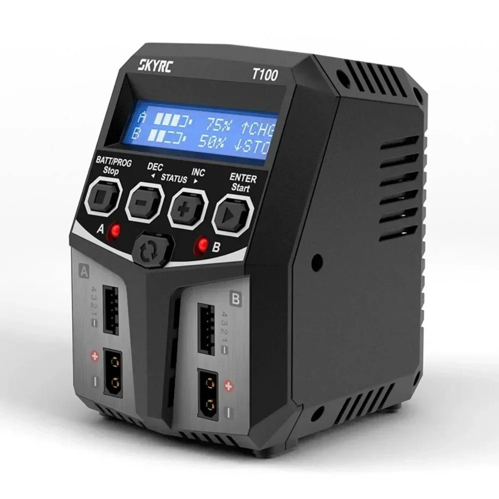 Écran LCD du chargeur intelligent RC 50Wx2 indiquant la tension et le courant de charge en temps réel.