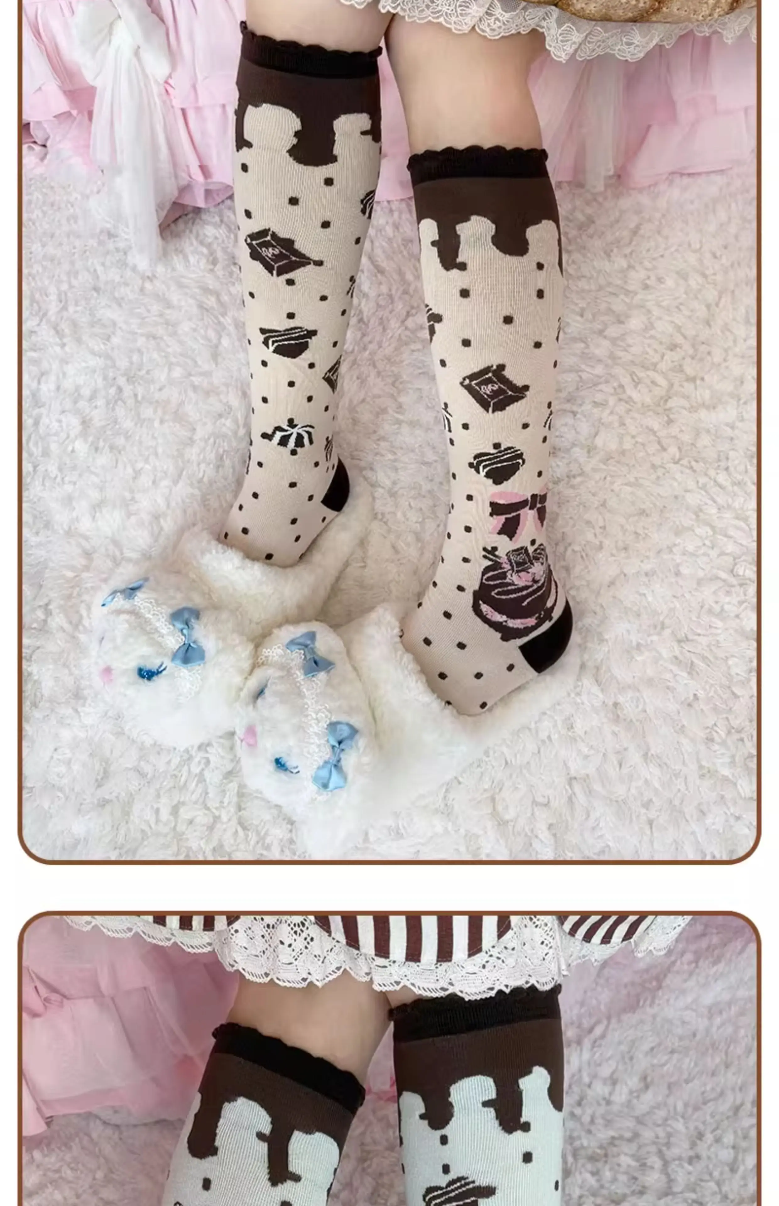 Original Qiaoqiao Cake Knielange Wadensocken Chocolate Chip Cookie Cake Baumwollsocken LOLITA Spitzensocken Wadensocken für Damen – Detail 8