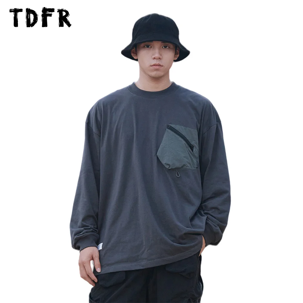 

Pocket Long Sleeve T-shirt Mens Safari Style Spring Autumn Loose Crew Neck Cotton Tee Men Tshirt