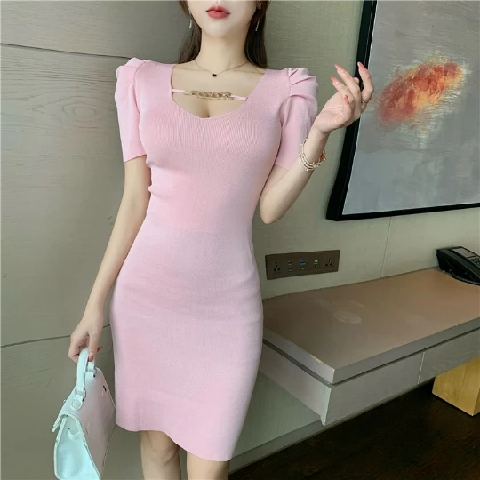 

Pink Sexy Girl Women Fashion Short Sleeve Hollowed Sweater Dress Summer Cloth Knit Stretch Slim Office Lady Dresses Falda