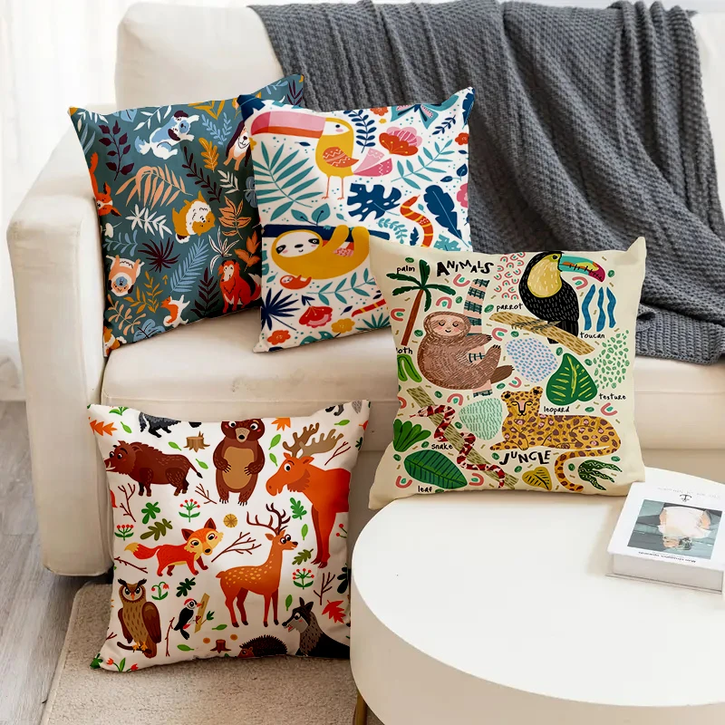 

Cute Cartoon Animal Deer Fox Bear Printed Soft Square Pillowslip Linen Blend Cushion Cover Pillowcase Living Room Home Decor