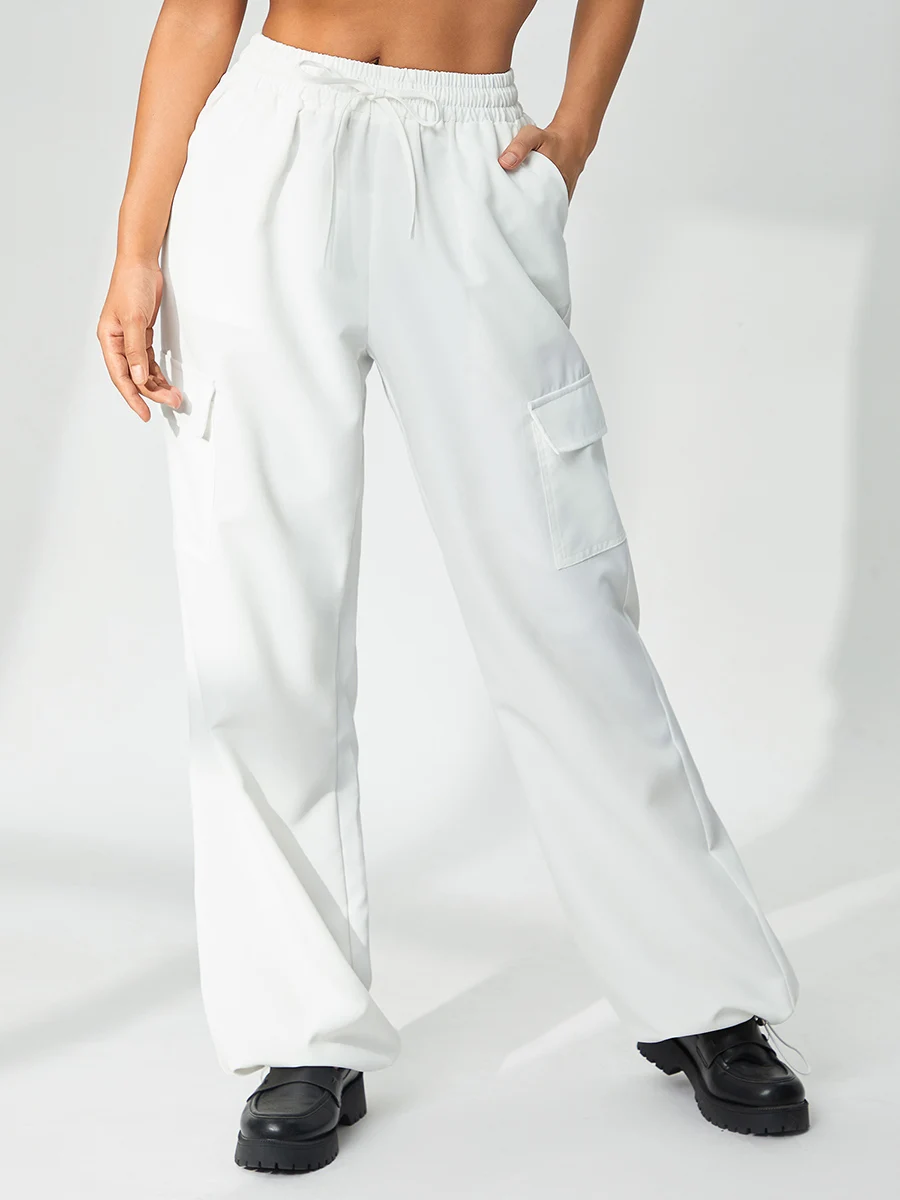 

Women Baggy Cargo Pants Drawstring Elastic Waist Wide Leg Trousers Loose Pocket Jogger Trousers Punk Streetwear Slacks