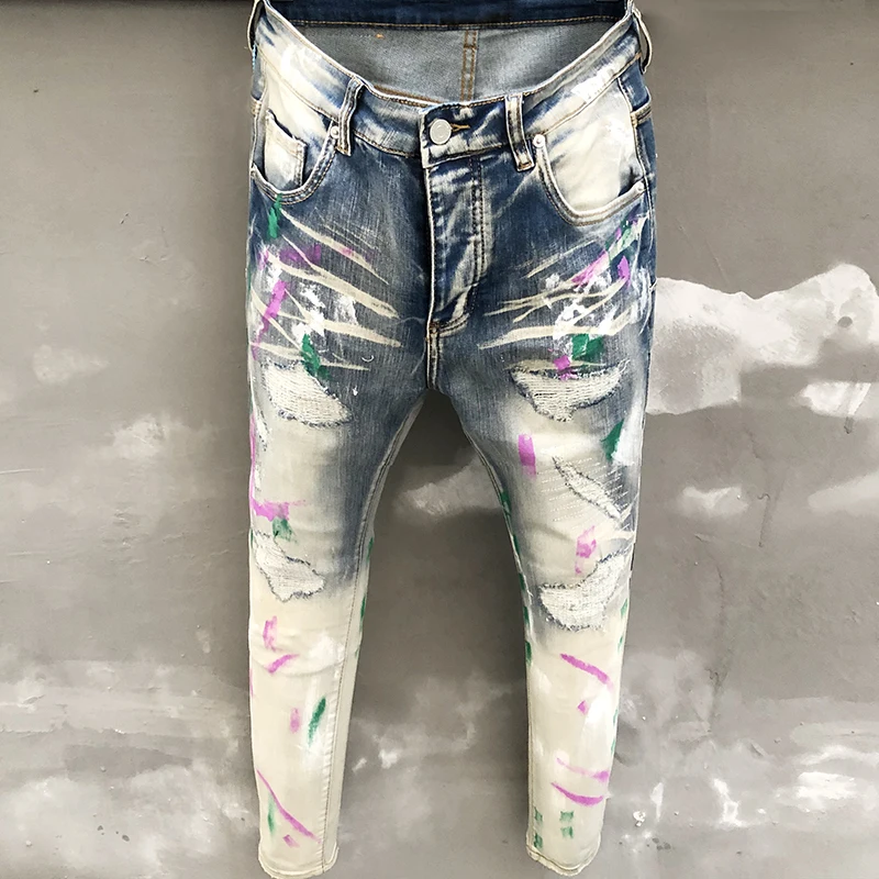 

Men Blue Splash Ink Skinny Trouser High Street Elastic Patch Ripped Denim Jean Patchwork Stretch Men Pants Jean Streetwear Homme