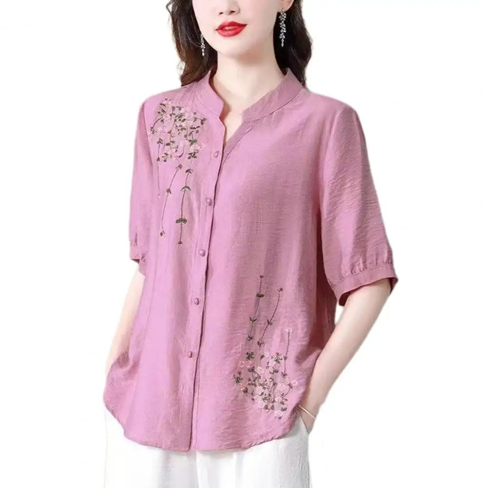 

Women Shirt Floral Embroidery Stand Collar Shirt For Women Loose Fit Short Sleeve Summer Shirt Single Breasted Floral Pattern