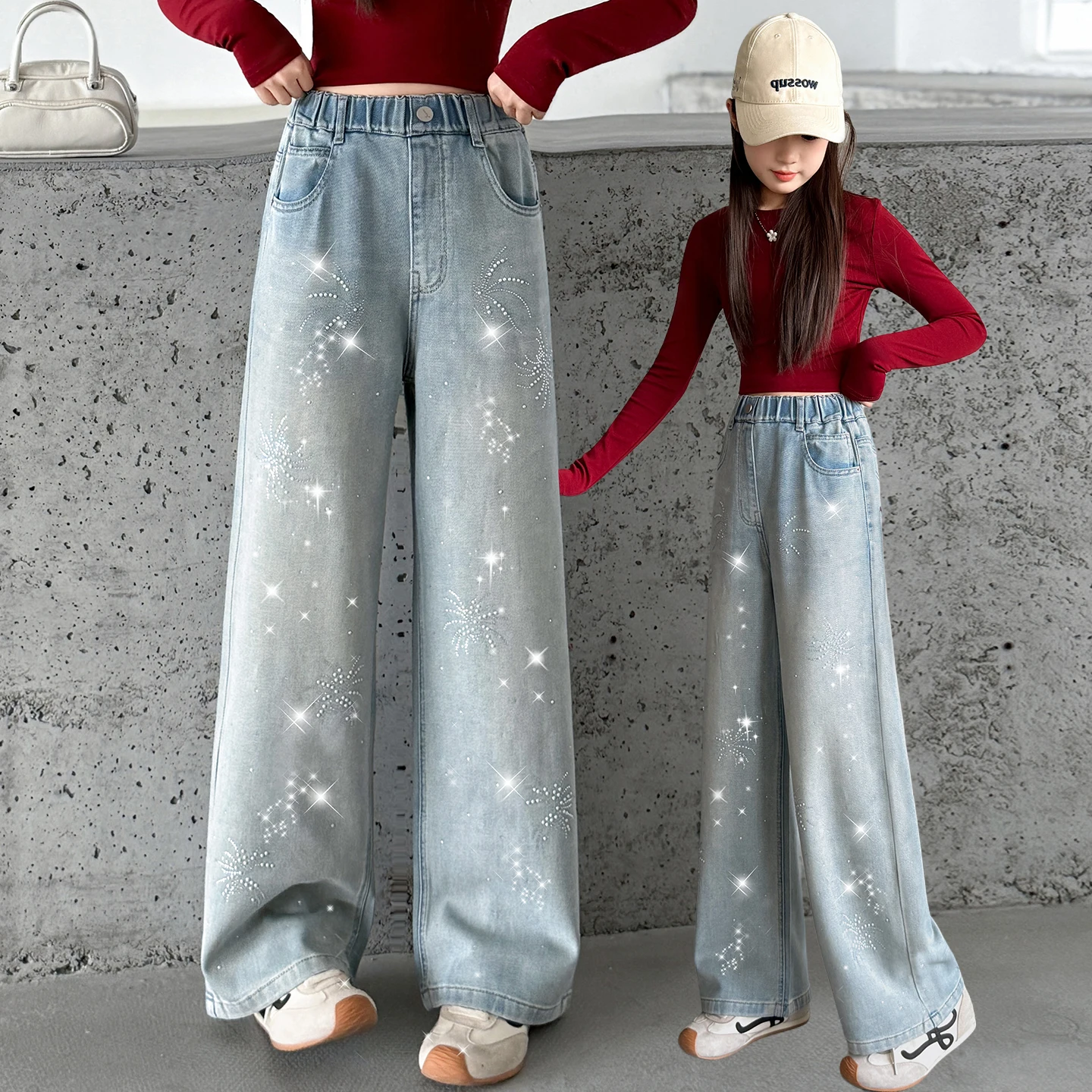 세련된 아동용 꽃 장식 청바지, 십대 소녀들을 위한 캐주얼 스트레이트 핏 크리스탈 데님 팬츠, 키즈 스트리트 디자인 청바지