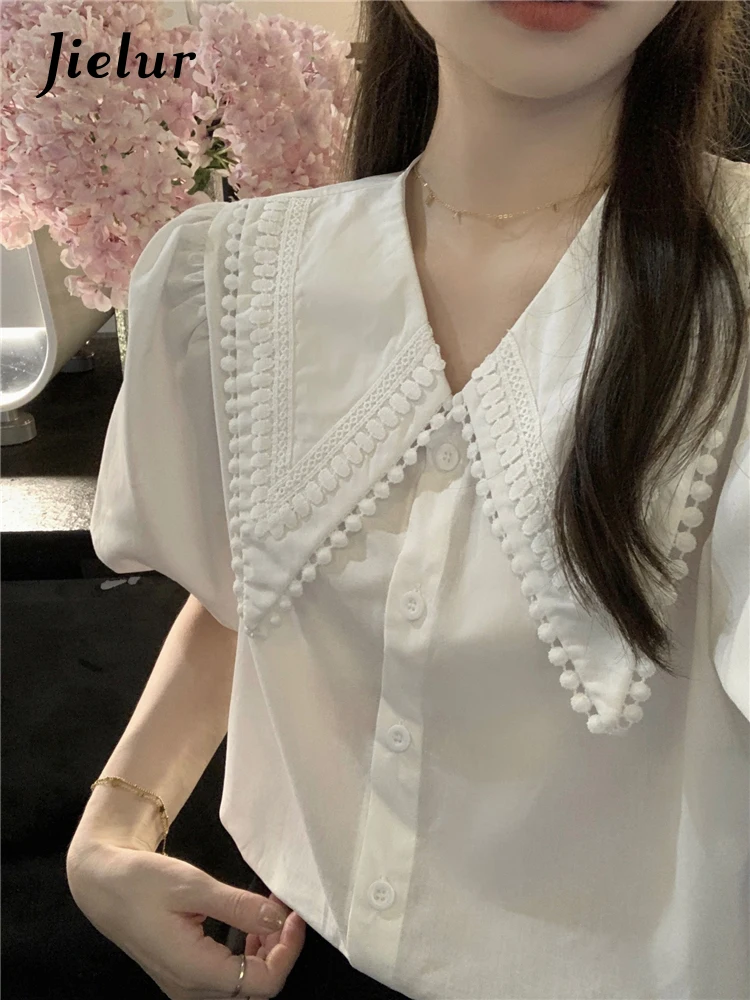 

Jielur Summer New Korean Solid Color Women Shirt Slim Sweet Elegant Ladies Shirt Woman White Pink Chicly Puff Sleeve Top Female