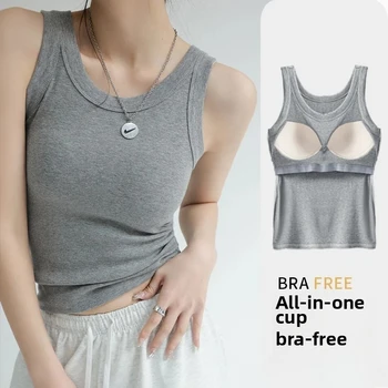 2-in-1 T-Shirt Bra Combo Top- Women's Seamless Built-in Vest,Summer Breathable Sleeveless Shirt & Casual Undershirt Sexy Top Y2k 1