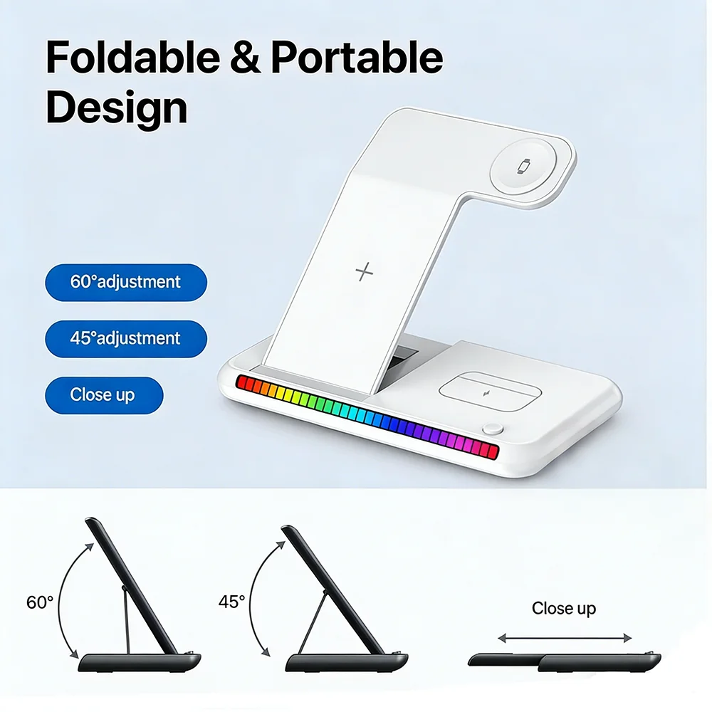 3 in 1 LED 고속 무선 충전 스탠드, 접이식 충전 스테이션 (아이폰 17-12, 애플워치 9 8 7 6 5, 에어팟 프로 호환)