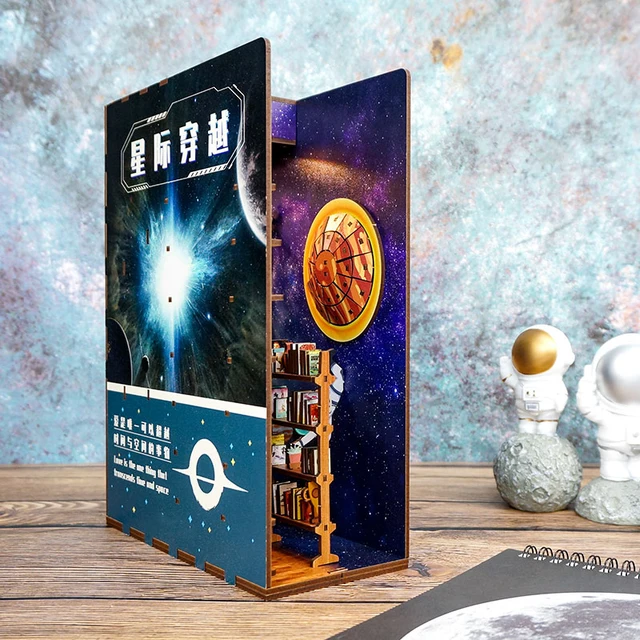 Interstellar DIY Wooden Book Nook Shelf Insert Kit Space-Themed Bookend Miniatures Bookshelves Doll House Birthday Gifts 2