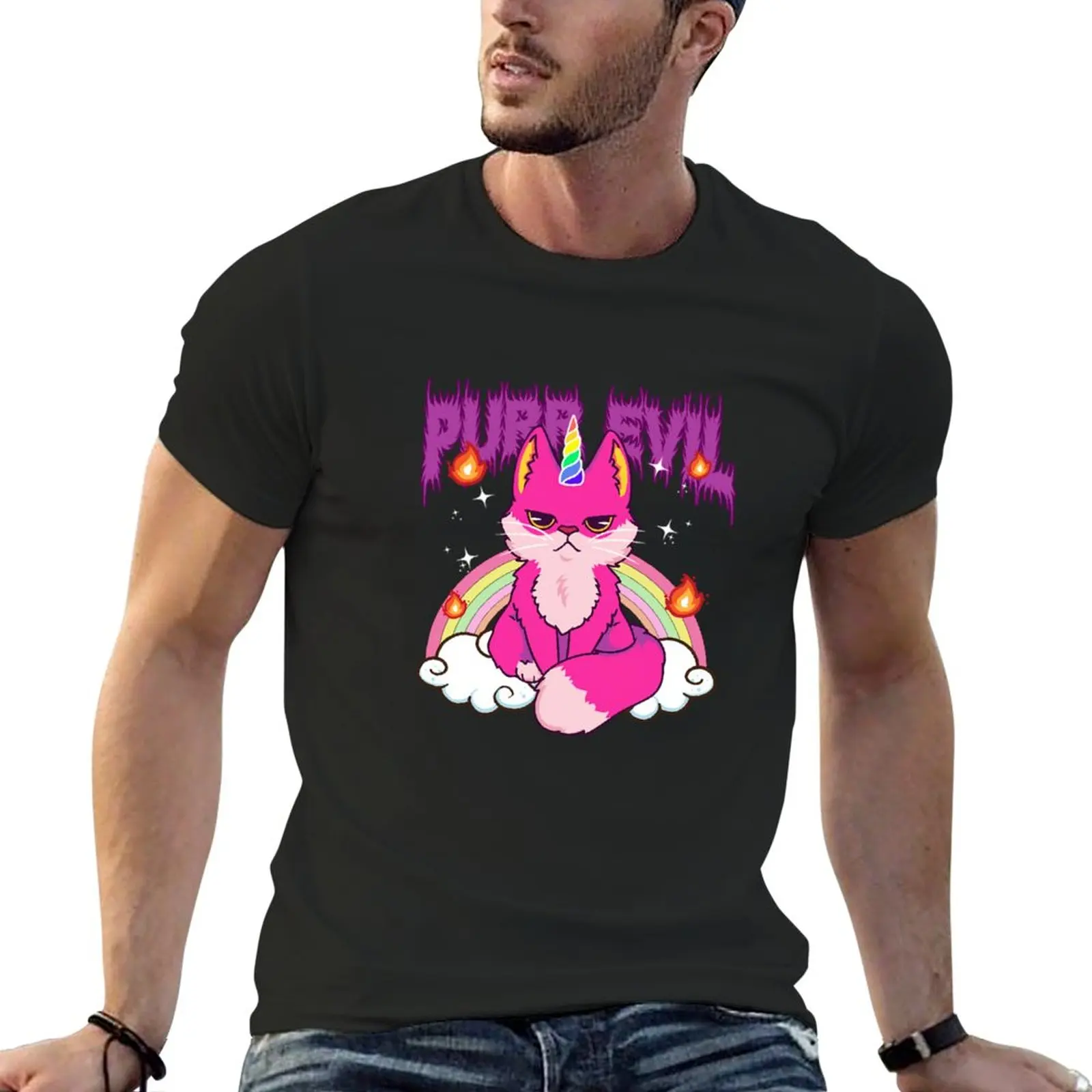 

New Purr Evil Cute Rainbow T-Shirt boys t shirts anime clothes heavyweight t shirts for men
