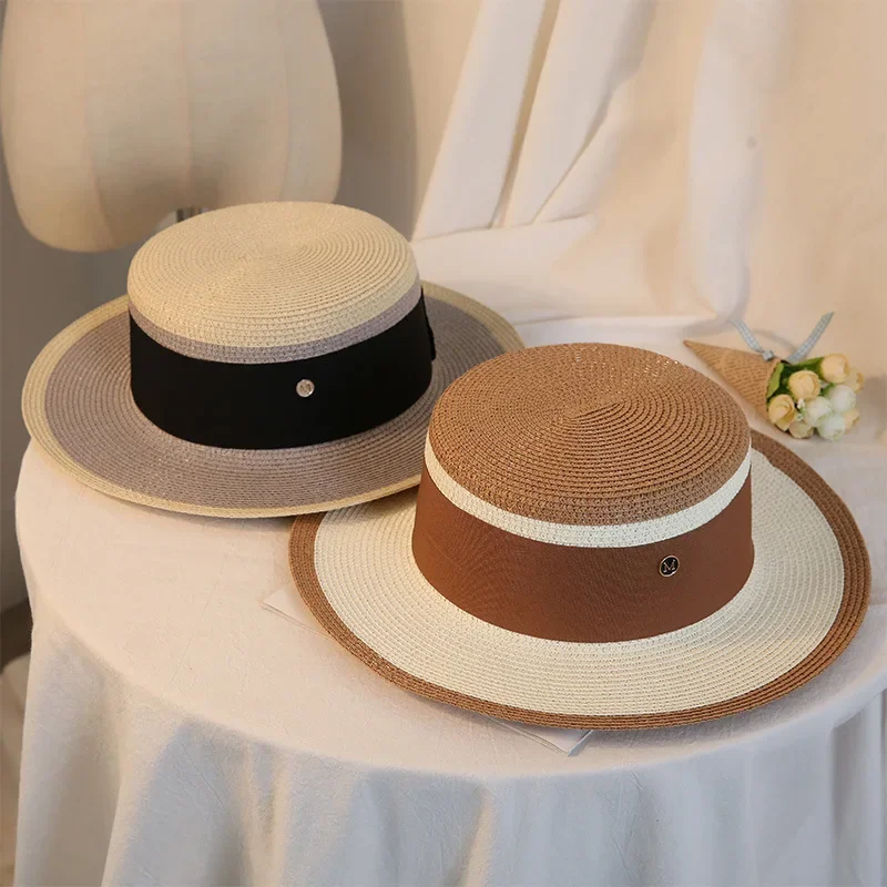 

MODX Summer Elegant Retro Women Flat Top Straw Hat Trip Caps Leisure Beach Sun Hats M Letter Breathable Flower Beach Hat