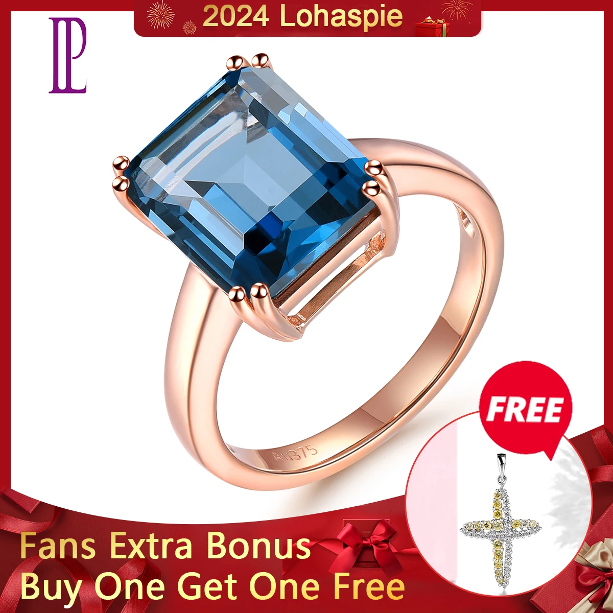 Lohaspie Natural London Blue Topaz Real 9K Rose Gold Ring 6.9 Carati Genuine Gemstone Classic Style Fine Jewelrys Regali Per Le Donne