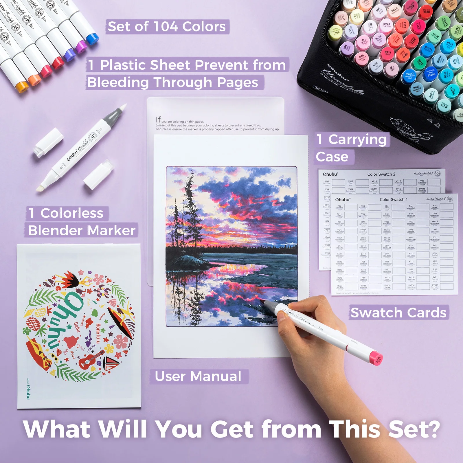 Ohuhu Honolulu 104 Colors Marker Pen Set Alcohol Art Markers