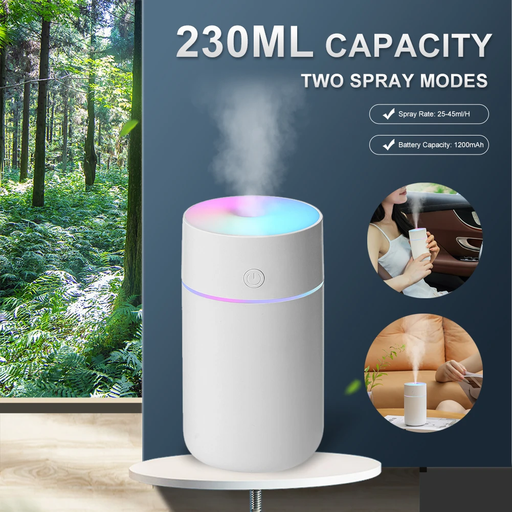 Air Humidifier Mini LED 230ml Aroma Essential Oil Diffuser USB Rechargeable Home Air Freshener