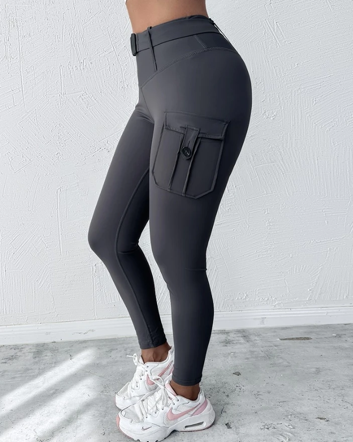 2024 Women's Fashion New Casual High Waist Solid Yoga Pants Button Pocket Design Quick Drying Sports Slim Fit Pants